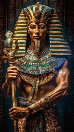 The image is of an #egyptian pharaoh holding two swords and a scepter