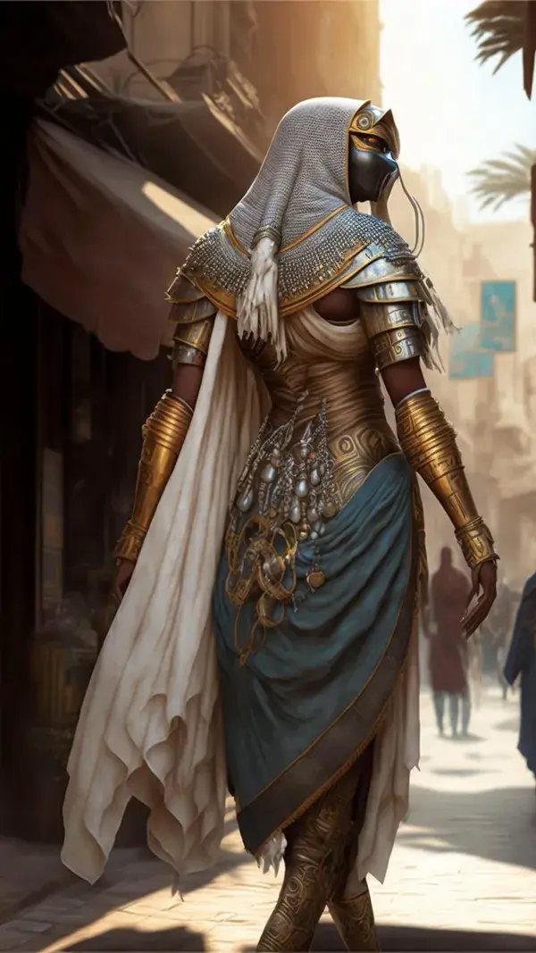 phara from overwatch in a ancient egyptian suit, walking in antic egyptian