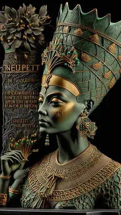 Nefertiti, wearing a golden and green dress