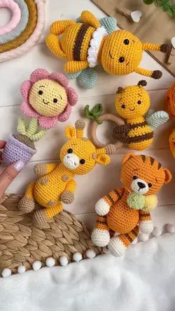 Amigurumi animals Giraffe, Bee, Tiger, Baby rattle bee and Amigurumi flower