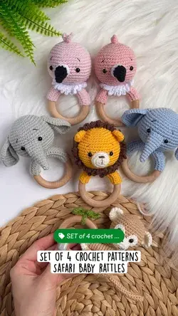 Set of 4 crochet patterns Safari baby rattles