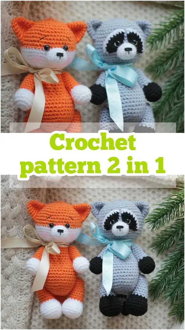 2 in 1 Amigurumi crochet pattern Forest animals raccoon and fox