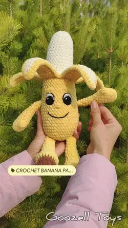 Crochet Banana with eyes and hands pattern, Amigurumi plush banana fruit pdf tutorial