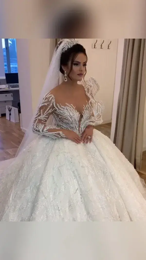 Sparkly lace satin vintage long sleeve prom ball gown long train wedding dress for bridal