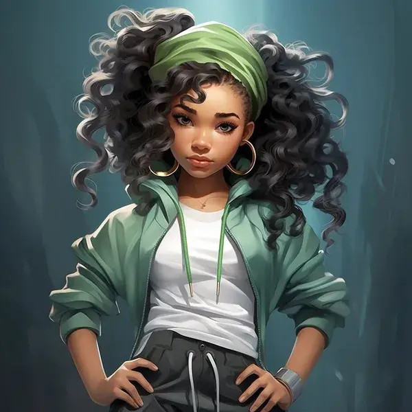 Cute cartoon girl with curly hair in green jacket | Next Gen Art | AI Art | Ai generated wallpapers