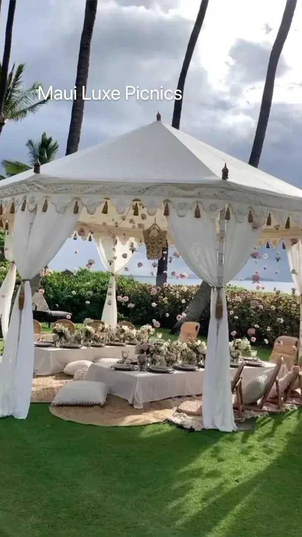 Luxury picnic with hanging florals and luxury tent with Maui Luxe Picnics