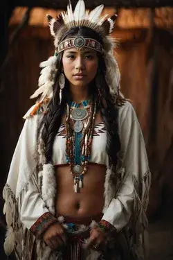 伝統的な部族の衣装を着て頭に羽を持つ美しいネイティブ アメリカンの女性 | プレミアム写真