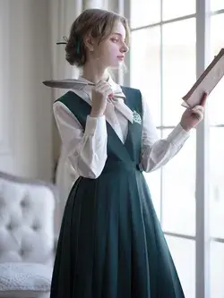 Dark green literary girl classical jumper skirt & short jacket & blouse - ジャンパースカート：スカート丈70cm / Sサイズ