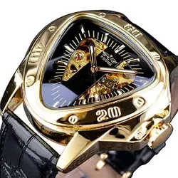 Amazon.com: Winner Fashion Mechanical Wrist Watch Triangle Racing Dial, Waterproof Golden Skeleton Dial Automatic Movement Leather Design Mechanical Watch for Men : Clothing, Shoes &amp; Jewelry