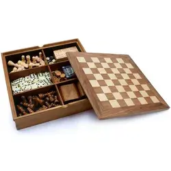 Wooden 7-in-1 Chess, Checkers, Backgammon, Dominoes, Cribbage Board, Playing Card & Poker Dice Game Combo Set (Old Fashioned)