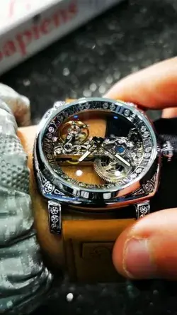 Forsining Square Golden Bridge Skeleton Automatic Mechanical Watch for Men Leather Belt Luminous