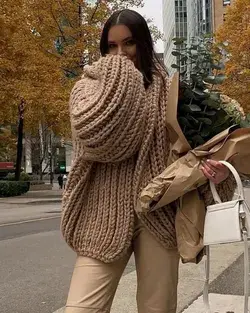 @vitaliia in total beige with the hooded chunky cardigan 