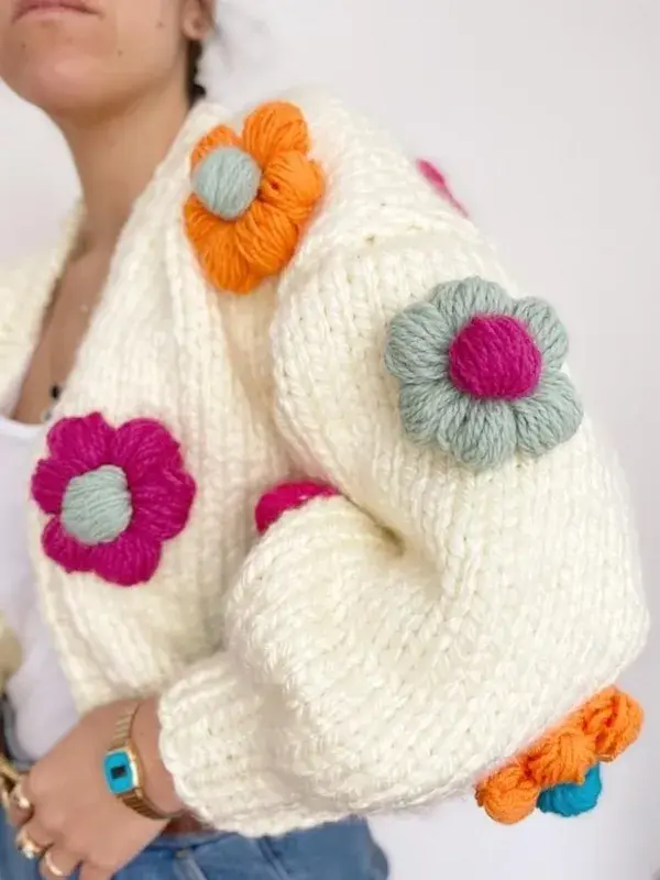 Chunky Daisy Cardigan, Chunky Knit Cardigan, Balloon Sleeves Cardigan, Knitted Crop Cardigan, B...