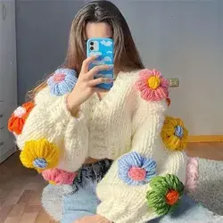 Handmade three-dimensional hook flower flower lantern sleeve sweet loose lazy thick warm sweater cardigan jacket - White free