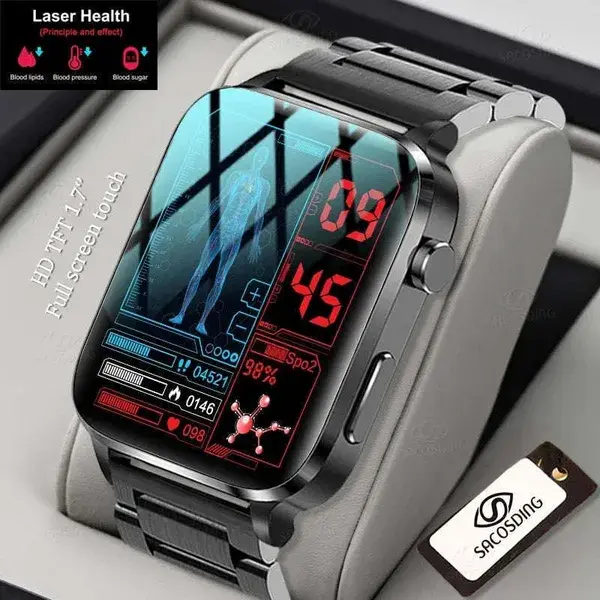 2023New Smart Watch Men Laser Treatment Of Hypertension Hyperglycemia Hyperlipidemia Heart Rate Healthy Monitor Smartwatch Women - Black steel