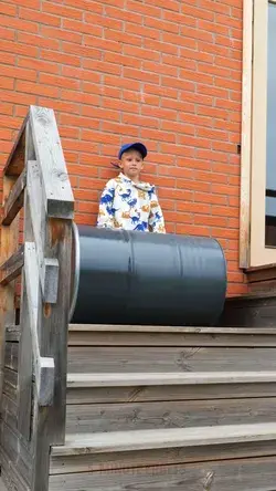 Awesome Dad builds the toddler train out of barrels! 🛠️👨‍👦