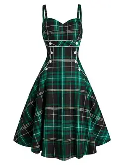 Jangj Print Lace-up Front Buckle Strap Dress A Line Mini Dress Sleeveless Dresses Multi green5401-S