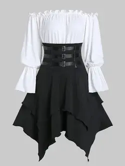 DressLily.com: Photo Gallery - Faux Leather Strap Lace-up Layered Handkerchief Skirt with Bardot Top