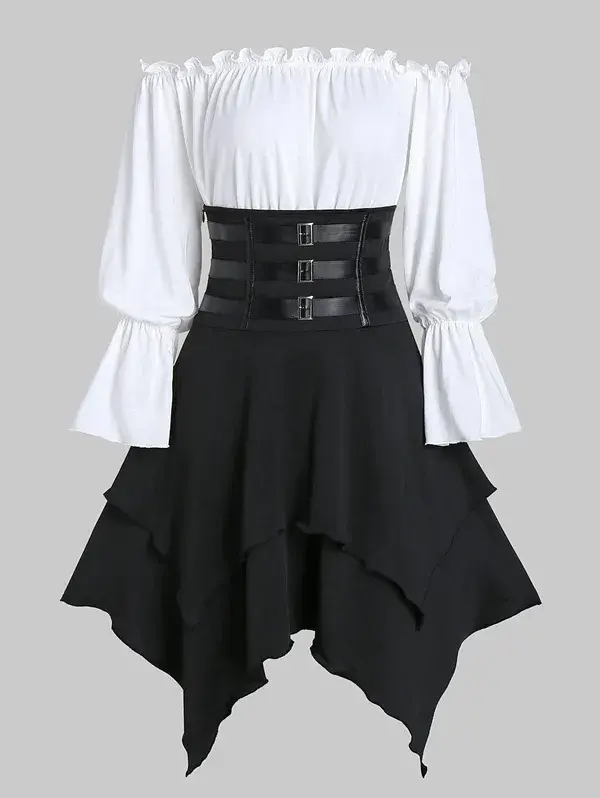 DressLily.com: Photo Gallery - Faux Leather Strap Lace-up Layered Handkerchief Skirt with Bardot Top