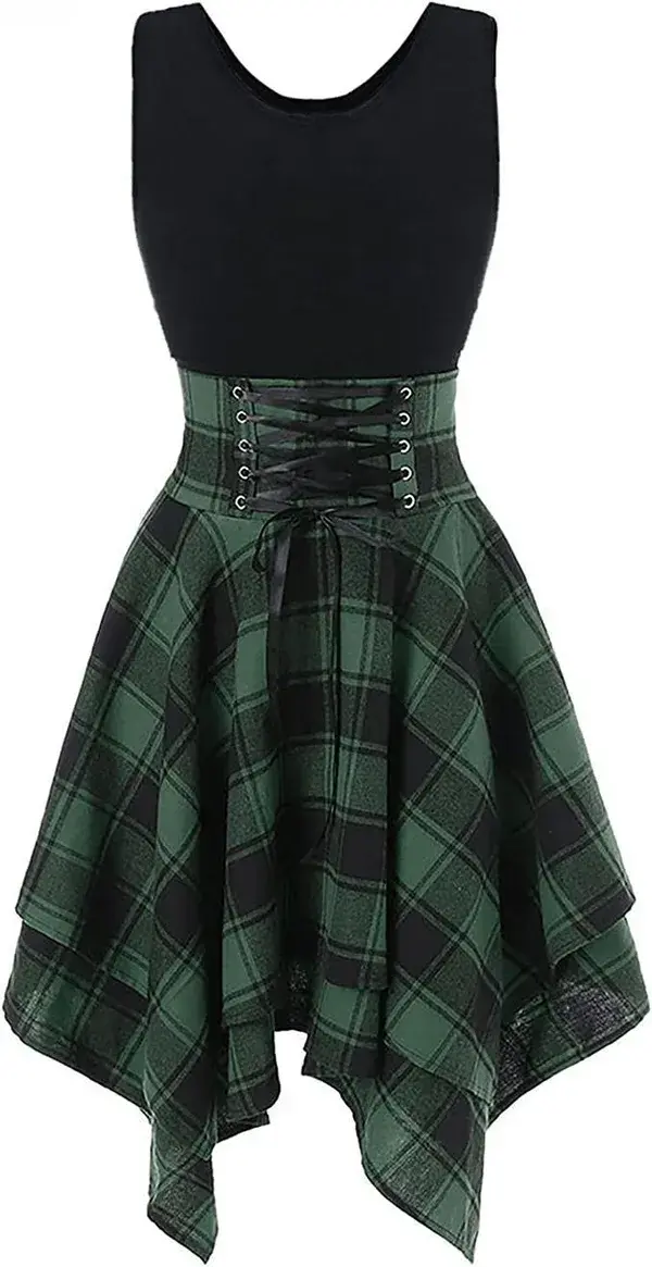 Celucke omen Sleeveless Cold Shoulder Cross Up Plaid Print Irregular Dress, Gothic Dress