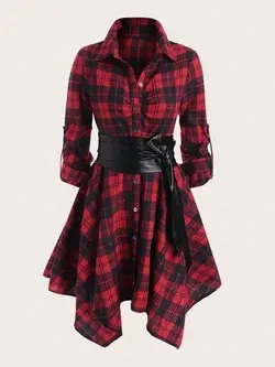 Plus Size Plaid Shirt Dress With Contrast Pu Leather Belt