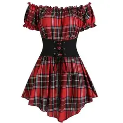 Dresslilly Tops | New Plaid Ruffled Off Shoulder Corset Waist Short Sleeve Pointed Hem Top Large L | Color: Black/Red | Size: L