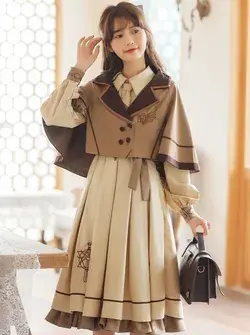 Emblem military dress with cape coat + tie - Brown cloak+Brown dress / M