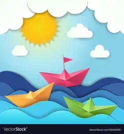 Origami boat cut paper ocean waves shadows Vector Image