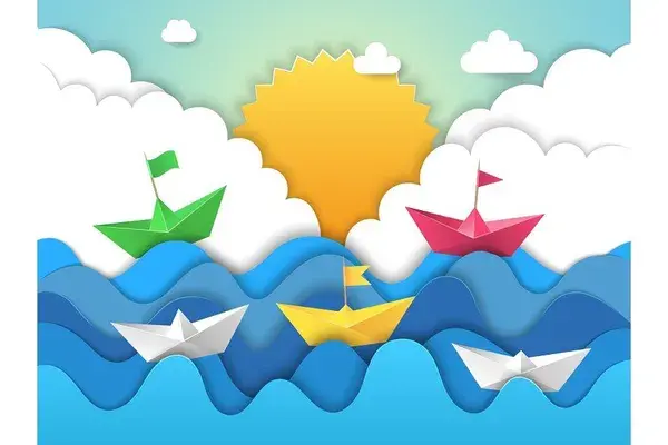 Paper boat. Origami water waves with