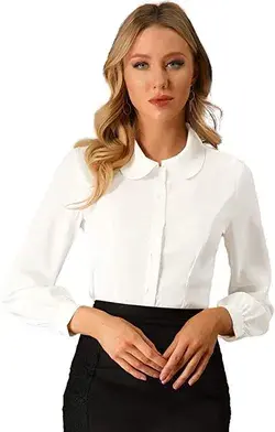 Allegra K Women&#39;s Button Up Shirt Business Casual Career Peter Pan Collar Long Bishop Sleeve Blouse at Amazon Women’s Clothing store