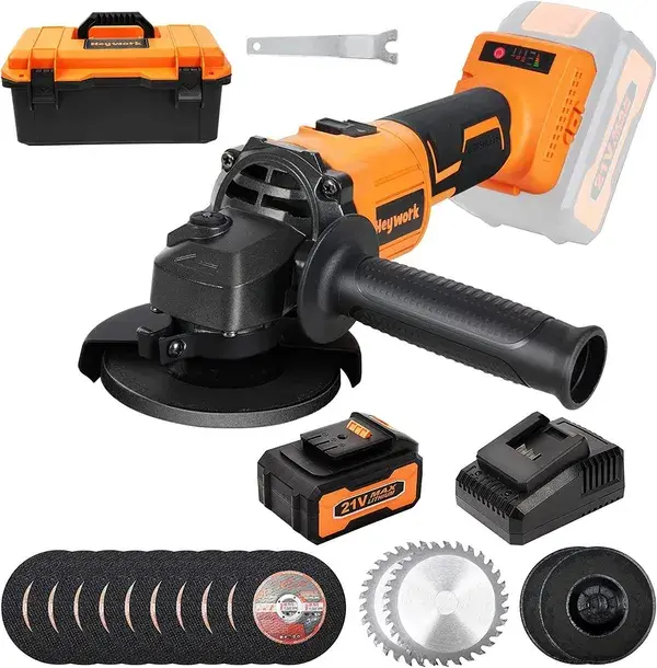 Heywork 21V Cordless Grinder Kit,4" Blade,10000 RPM Brushless Motor Cordless Angle Grinder