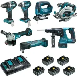 Makita - Ensemble de 7 machines Perceuse DDF484 + Visseuse DTD154 + Meuleuse DGA506 + Scie DHS680 + Perfo DHR243 + Découpeur DTM51 + Scie DJV182