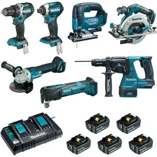 Makita - Ensemble de 7 machines Perceuse DDF484 + Visseuse DTD154 + Meuleuse DGA506 + Scie DHS680 + Perfo DHR243 + Découpeur DTM51 + Scie DJV182