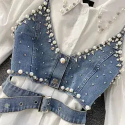 High-End White Shirt Dress Female Lapel Diamond Pearl Luxury Shirt Short Denim Vest Chic Two Piece Sets Female Fashion