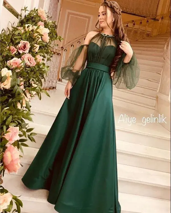 Green maxi with organza puff sleeves