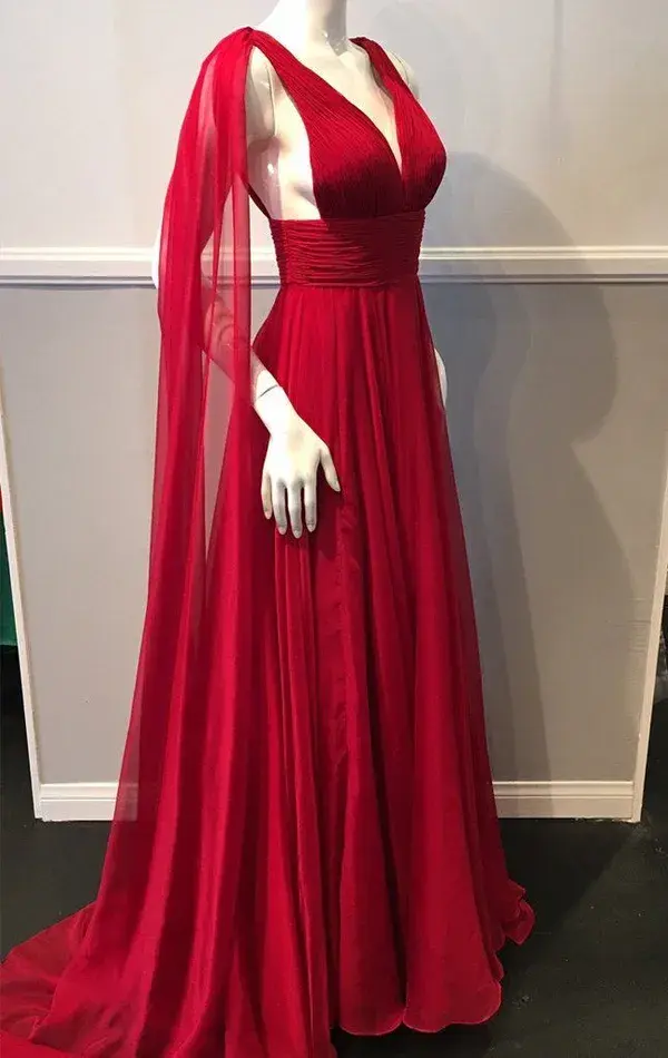 MACloth Deep V Neck Chiffon Long Bridesmaid Dress Simple Prom Gown