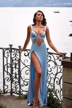 L1803 - V-Neck Cut Outs Satin Sheath Long Prom Formal Gown With Slit - As Picture