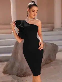 One Shoulder Exaggerated Ruffle Trim Split Back Bandage Dress