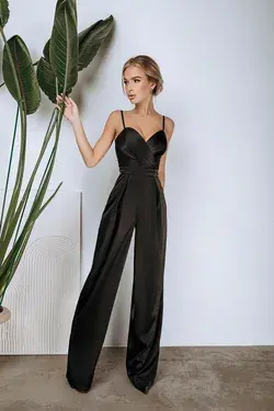 Black Satin Wide-Leg Jumpsuit - Black / L | Black Wedding Guest Dress