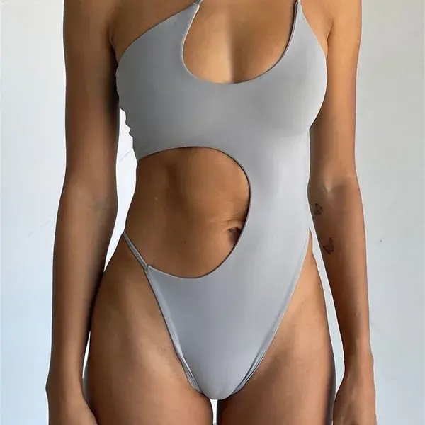 Sexy Solid Swimsuit Women Hollow Out Swimwear Female One Shoulder Bathing Suit Summer Beach Wear Monokini Bathers 220622