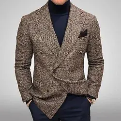 Men's Fashion Casual Blazer Regular Tailored Fit Checkered Double Breasted Six-buttons Brown Grey 2023 / Winter