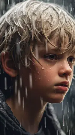Digital drawing of a cute boy in the rain | soaking wet blond hair | boy face | beautiful boy eyes
