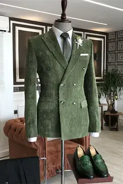 Boyd Chic Green Peaked Lapel Double Breasted Corduroy Men Suits For Prom