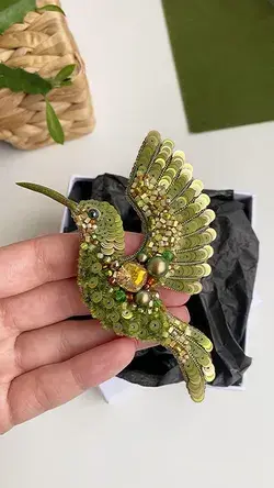 Olive hummingbird beaded brooch