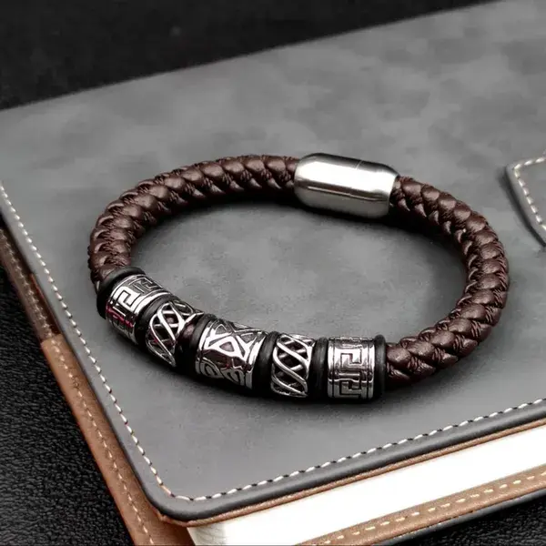 Punk Style Leather Bracelet 316l Stainless Steel 5 Bead Bracelet Magnet Clasp | Color: Brown | Size: Os