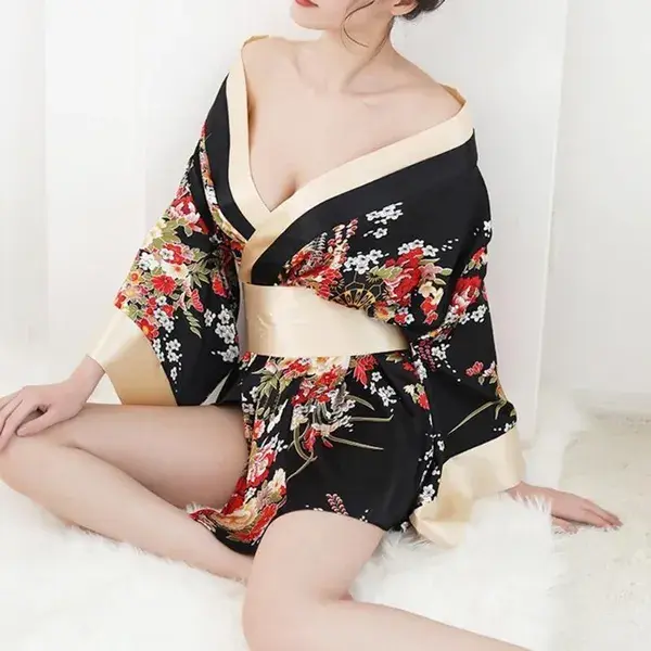 Traditional Women Japanese Kimono Sleepwear Sexy Deep V-neck Kimono Satin Floral Printed Nightwear Short Bath Robe