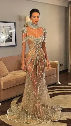 Luxury Nude Rhinestones Celebrity Dress - 16