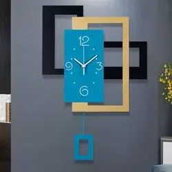Nordic Minimalist Geometric Rectangles Metal Wall Clock with Blue Pendulum