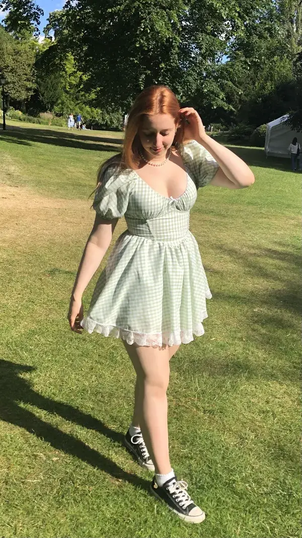 Sage green gingham handmade picnic mini dress with white lace and bows