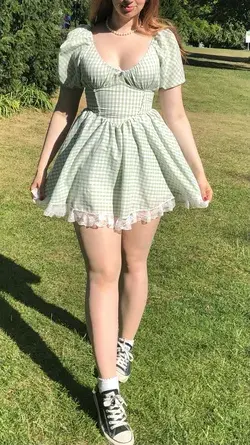 Sage green gingham handmade picnic mini dress with white lace and bows